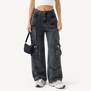 NWT Forever 21 Wide Leg Cargo Jeans Washed Black Streetwear Utility Size 25